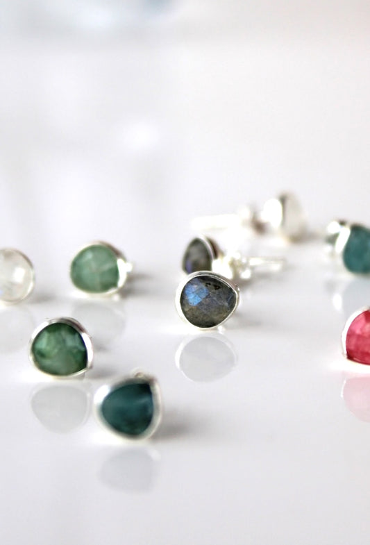 Lydia ~ Silver Gemstone Pebble Stud ~ Green Onyx