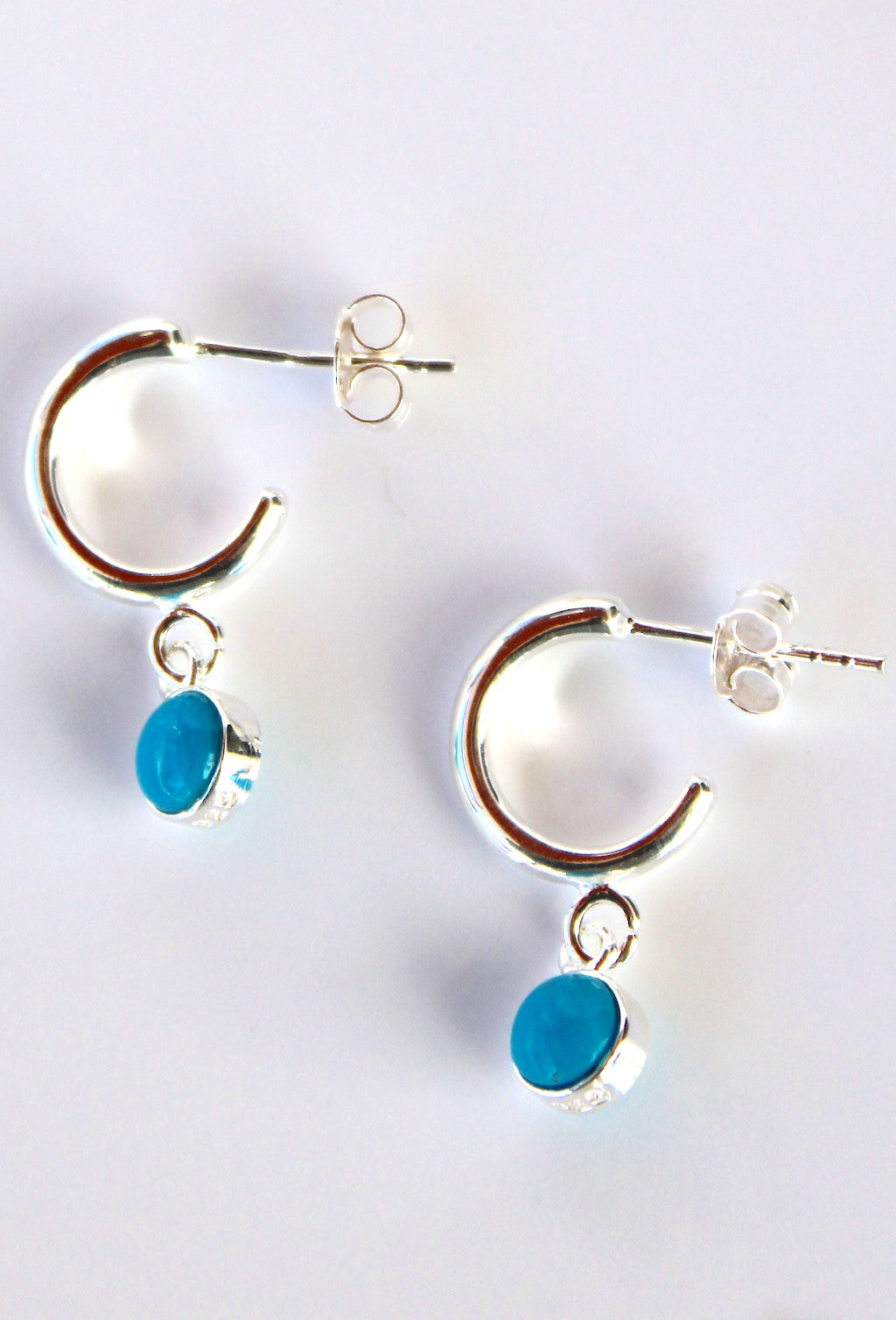 Turquoise Gemstone Charm Hoop Earrings ~ Silver